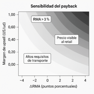 Gráfico estilizado: impacto relativo de RMA vs Upsell en payback