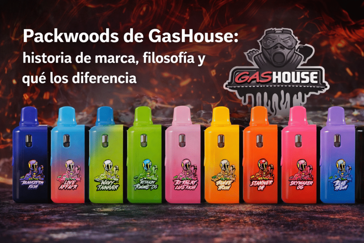 Portada con el título “Packwoods de GasHouse: historia de marca, filosofía y qué los diferencia”, y una fila de dispositivos de colores sobre un fondo rojo oscuro con el logotipo de GasHouse.