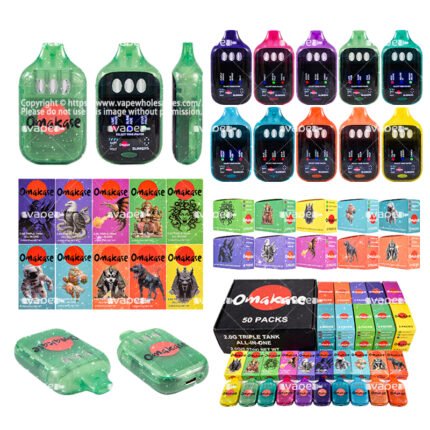 desechable Omakase de 1.8 g con triple cámara: imagen de la línea con 10 sabores y empaques (hardware vacío).