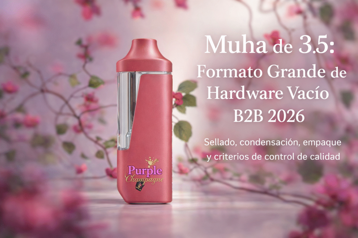 Portada: dispositivo vape vacío rosa con fondo floral; texto “Muha de 3.5: Hardware vacío B2B 2026”.