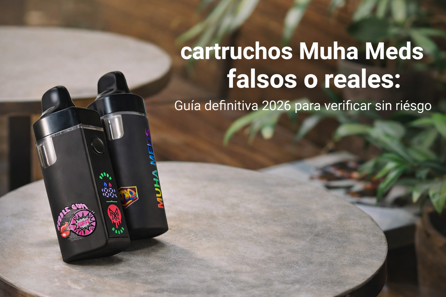 Portada con dos dispositivos Muha Meds sobre mesa tipo café y texto “cartruchos Muha Meds falsos o reales” (guía 2026).