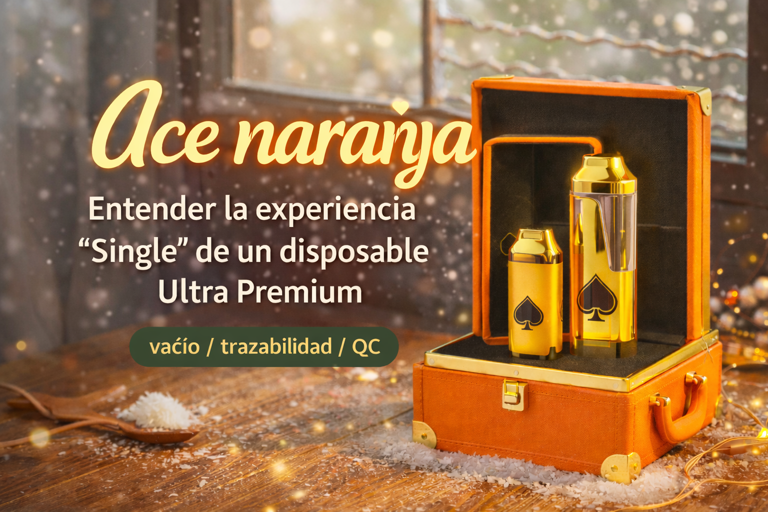 Portada del blog: dispo Ace naranja (empty only) con caja naranja; guía de versión, trazabilidad y QC para compras B2B.