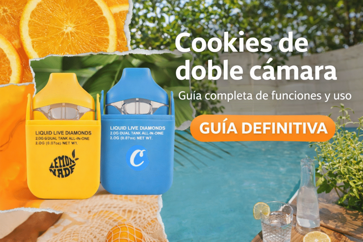 Cookies de doble cámara: dos vapes de doble cámara (amarillo y azul) en collage cítrico junto a piscina