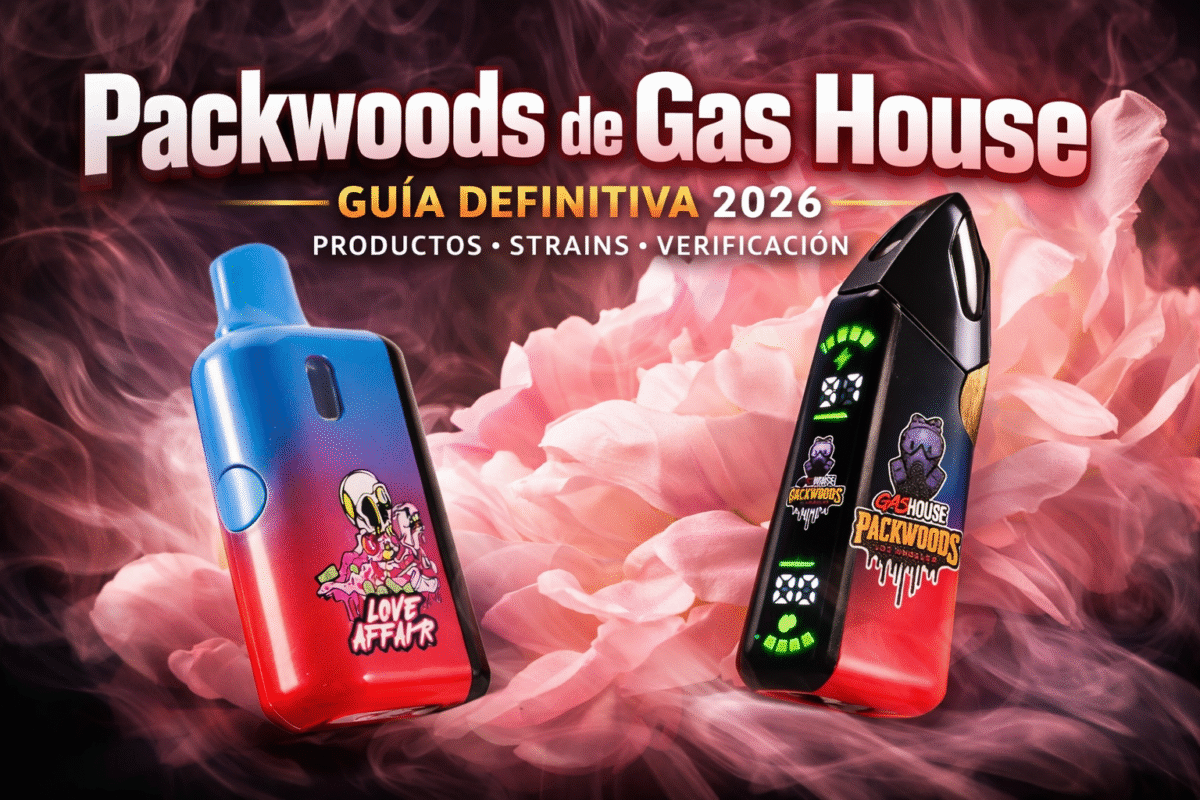 Portada de la guía “Packwoods de Gas House” 2026 con dos dispositivos y fondo floral rosa