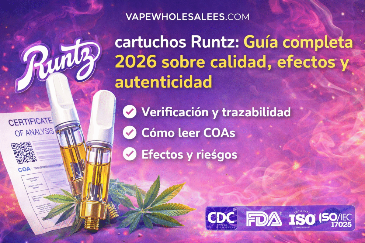 Portada de cartuchos Runtz: dos cartuchos con diseño morado, texto de guía 2026 y puntos clave sobre verificación, COA, efectos y autenticidad.