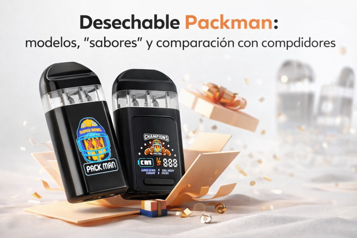 Portada: Desechable Packman con dos modelos y confeti, guía de modelos, “sabores” y comparación con competidores.
