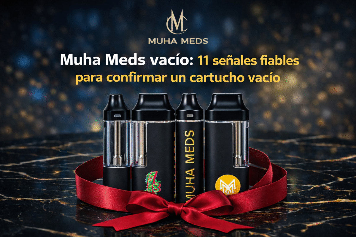 Muha Meds vacío: 11 señales fiables para confirmar un cartucho vacío — portada del blog con dispositivos y lazo rojo.