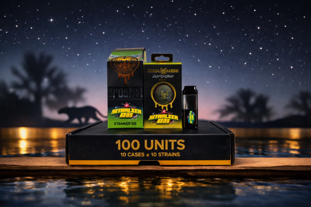 Portada: pack Muha Med sobre caja “100 UNITS” en escena nocturna con cielo estrellado y reflejos de agua.