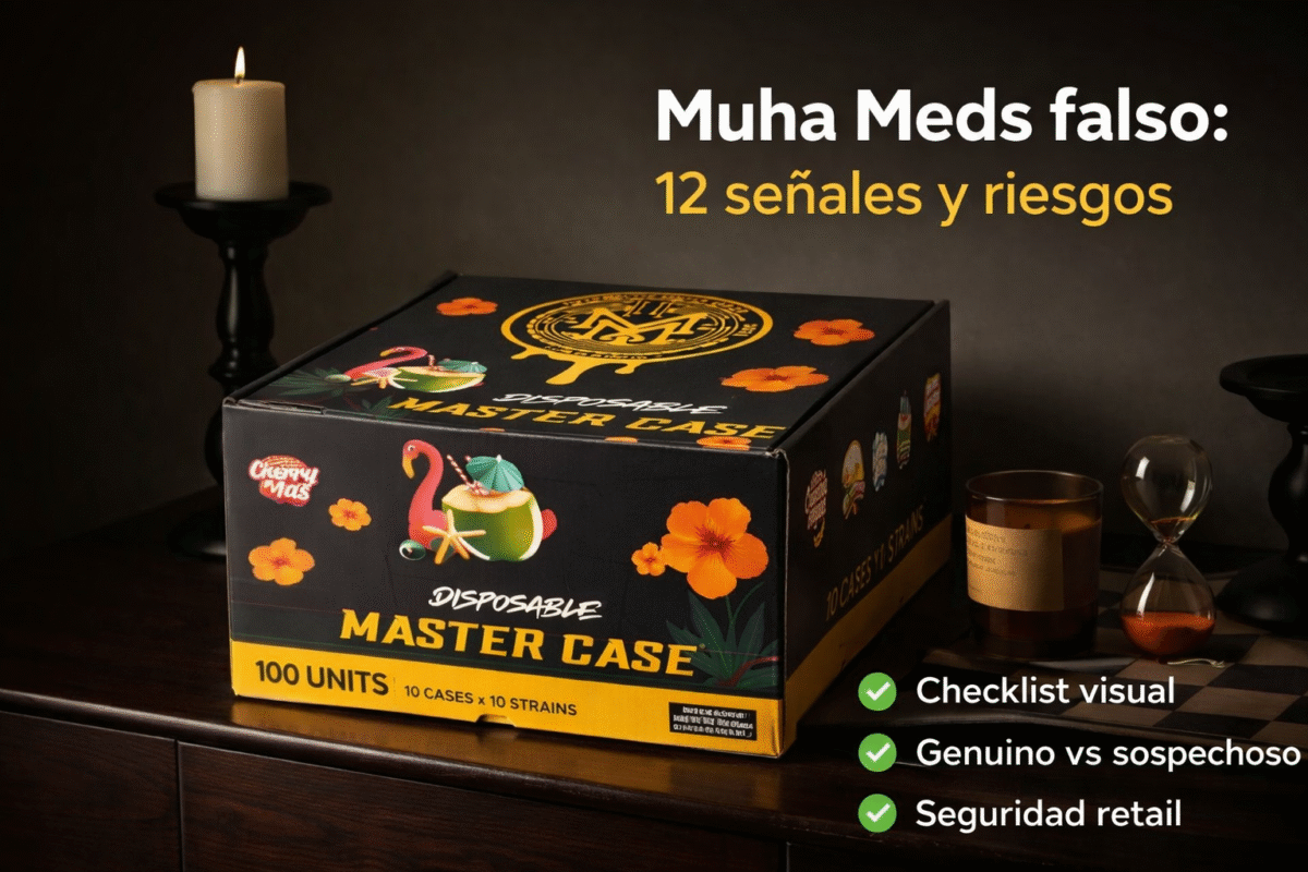 Muha Meds falso: portada con caja y checklist de 12 señales y riesgos