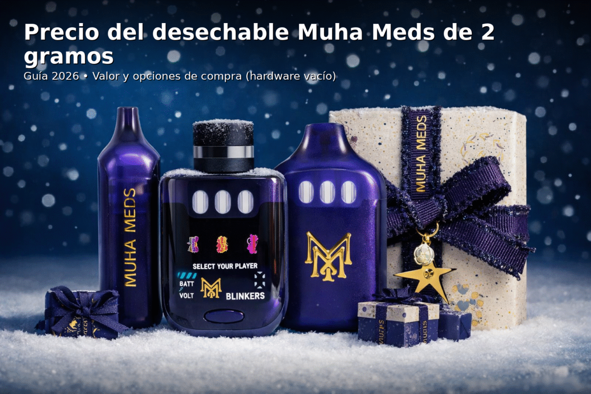 precio del desechable Muha Meds de 2 gramos: portada de guía 2026 con dispositivos Muha Meds en fondo invernal