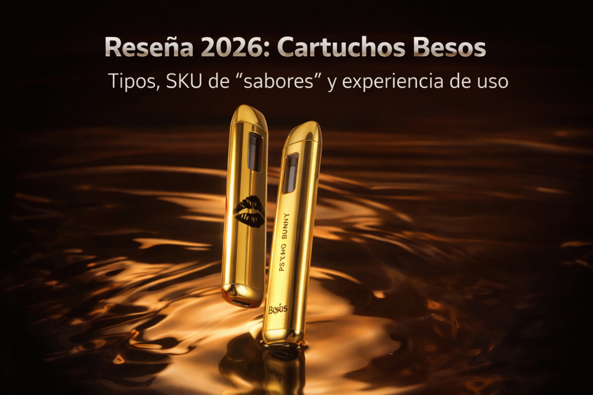 Portada del artículo “Cartuchos Besos”: reseña comercial 2026, tipos, SKUs de “sabores” y experiencia del hardware (vacío).