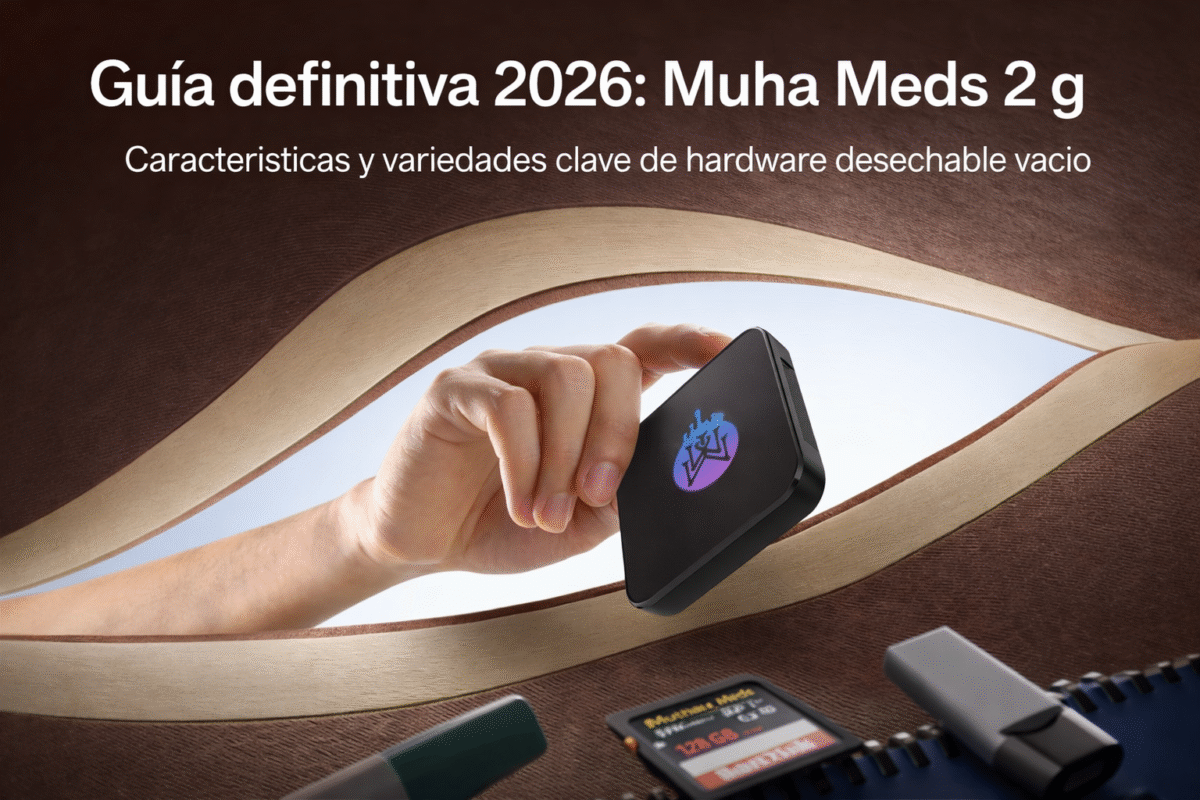 Portada de guía: dispositivo Muha Meds 2 g sostenido en la mano sobre fondo curvo.