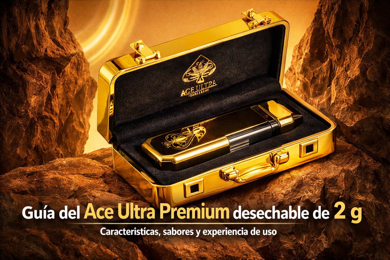 Portada: ace ultra premium desechable de 2 g en maletín dorado abierto, fondo rocoso
