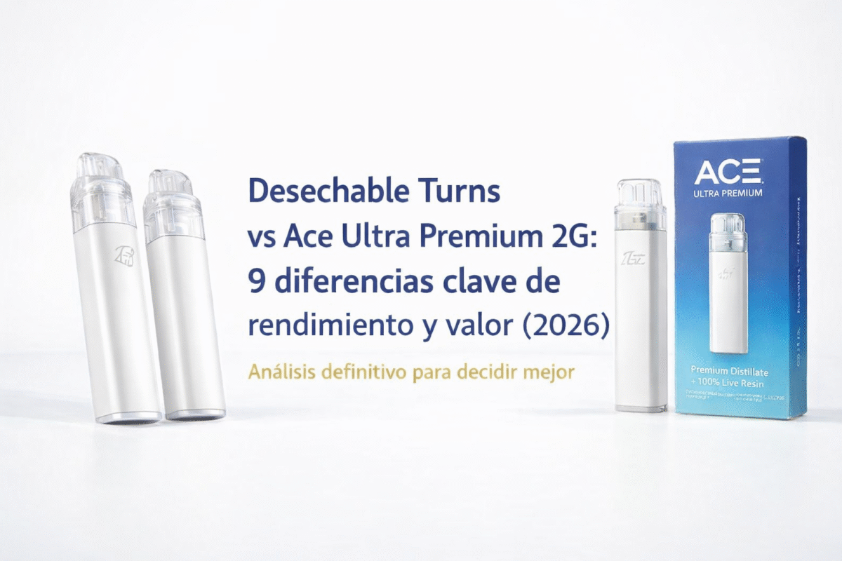 Portada comparativa: desechable Turns vs Ace Ultra Premium 2G, dispositivos blancos sobre fondo limpio.