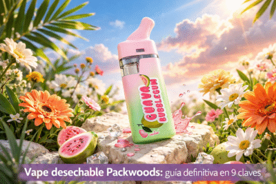 Vape desechable Packwoods Guava Bubblegum sobre rocas entre flores al atardecer