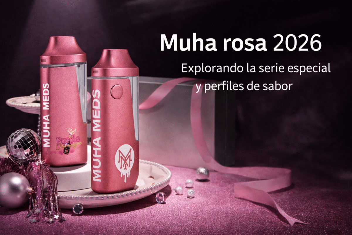 Muha rosa 2026: portada con dos dispositivos Muha Meds 2 g sobre fondo rosa brillante