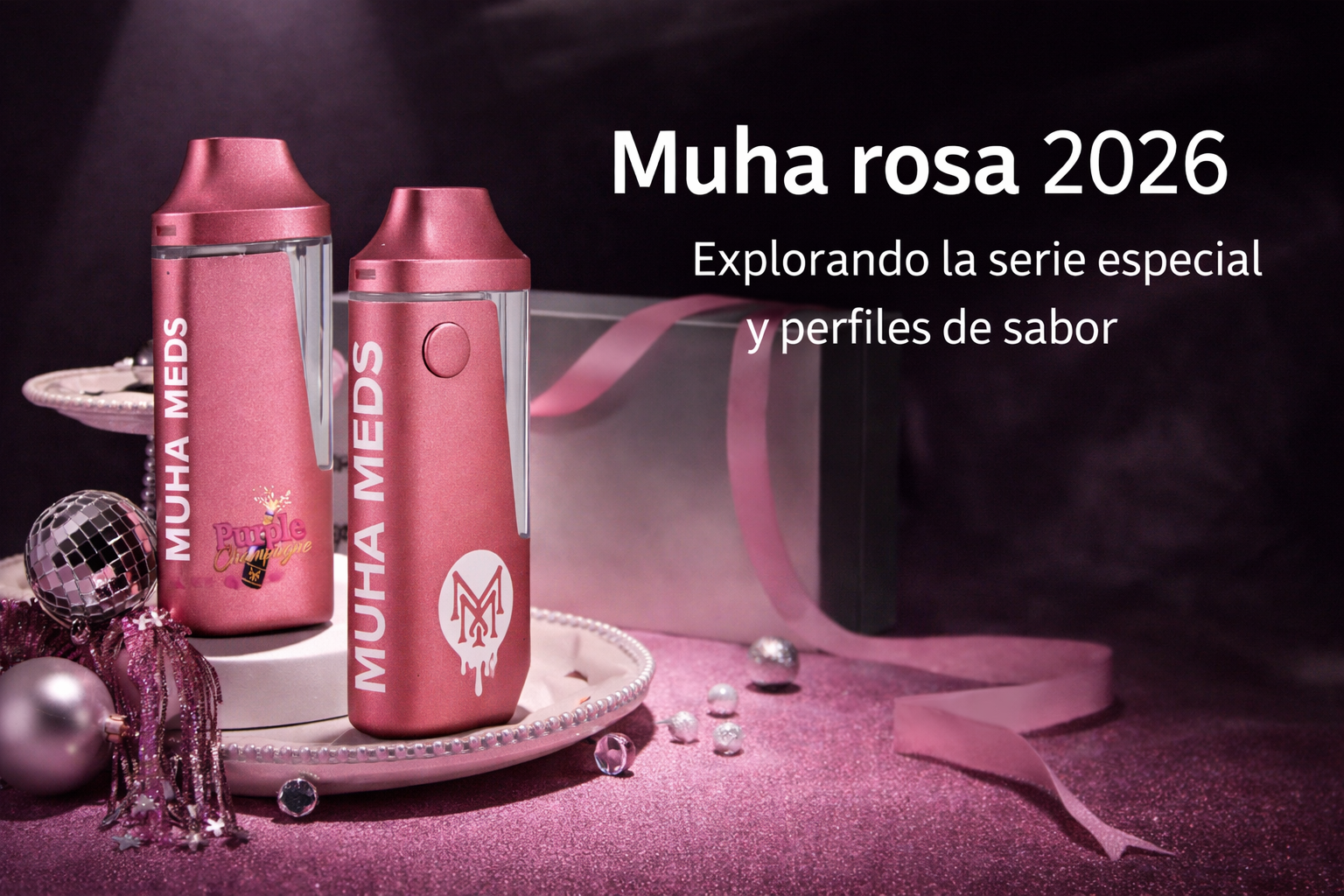 Muha rosa 2026: portada con dos dispositivos Muha Meds 2 g sobre fondo rosa brillante