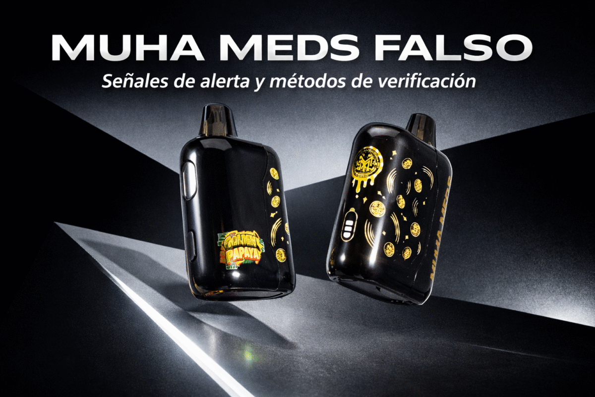 Portada: dos dispositivos Muha Meds falso sobre fondo oscuro geométrico, estilo futurista.