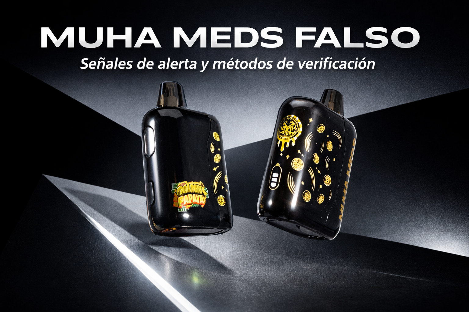 Portada: dos dispositivos Muha Meds falso sobre fondo oscuro geométrico, estilo futurista.