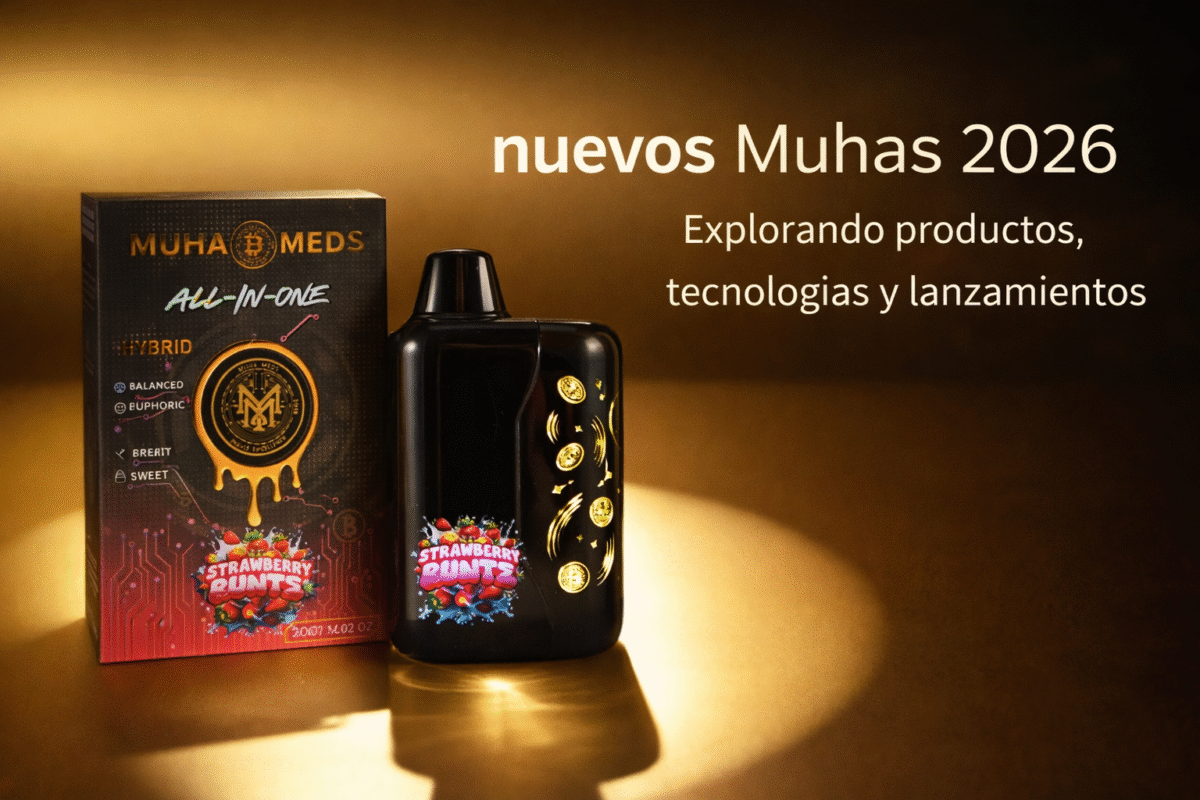 nuevos Muhas 2026: portada en fondo dorado con caja y dispositivo Muha Meds, texto sobre productos, tecnologías y lanzamientos