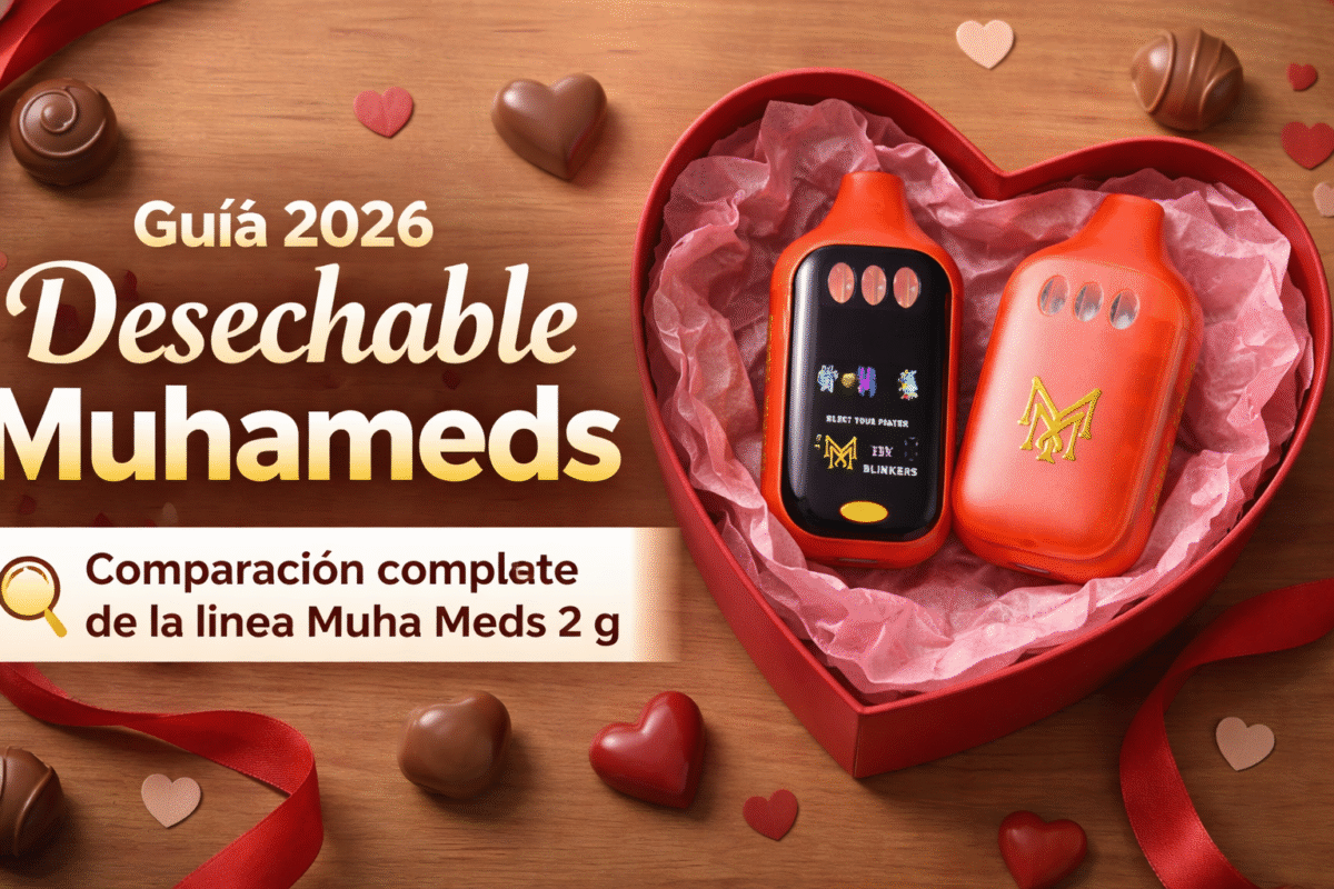 Desechable Muhameds: portada 2026 de comparación Muha Meds 2 g (caja corazón y dos dispositivos)