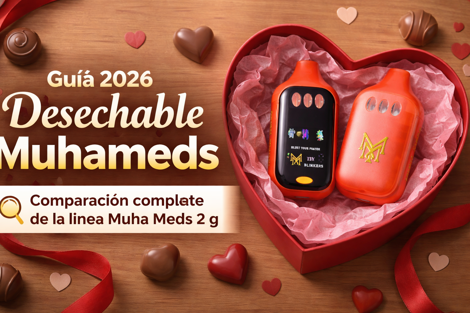 Desechable Muhameds: portada 2026 de comparación Muha Meds 2 g (caja corazón y dos dispositivos)