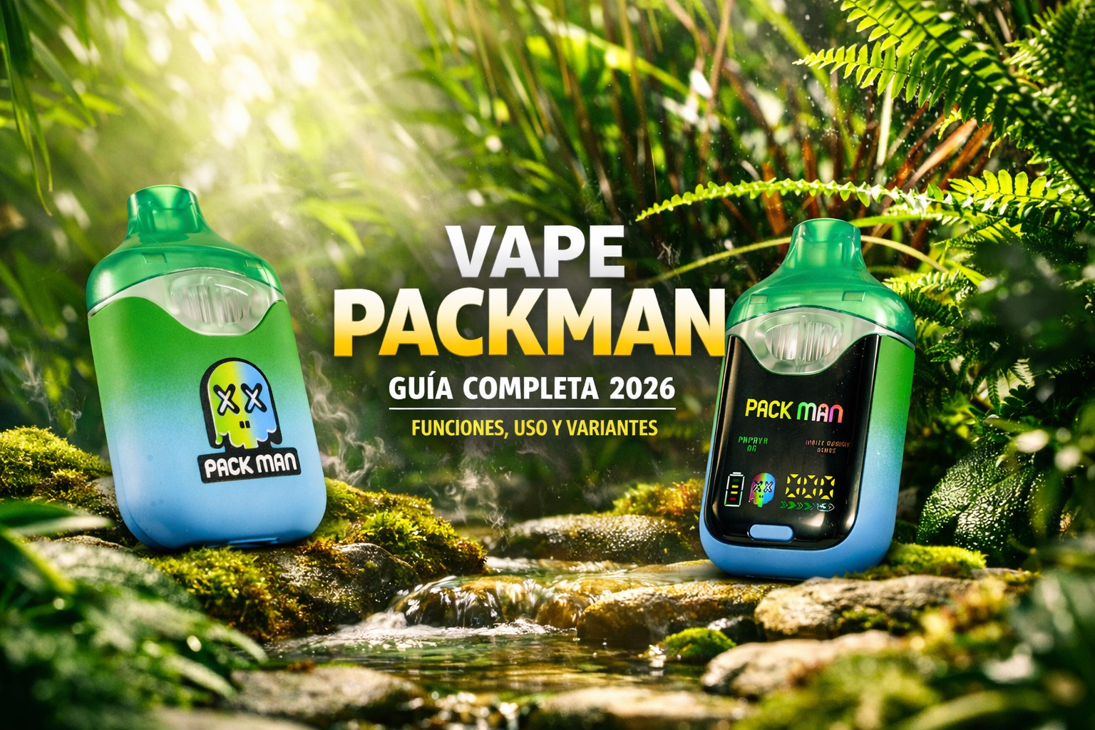 vape Packman: portada 2026 con dos dispositivos en paisaje tropical, con texto “Guía completa 2026” y “Funciones, uso y variantes”