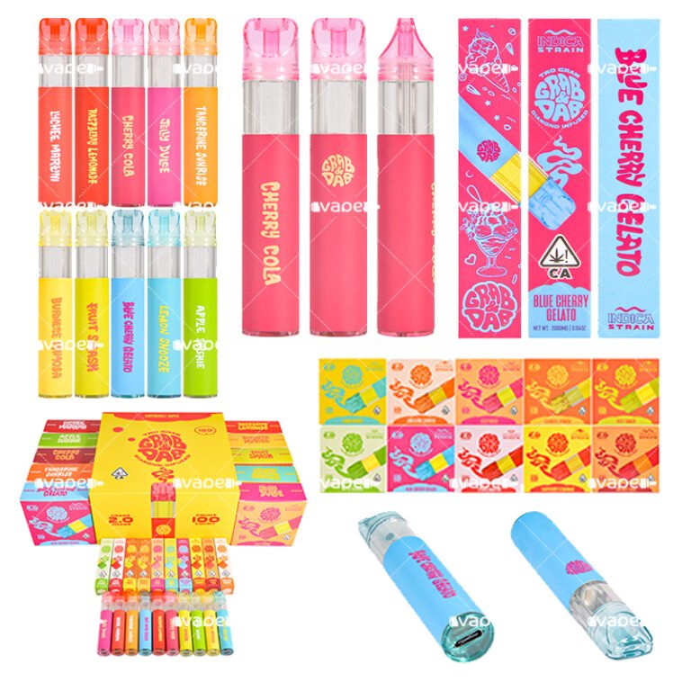 Grab & Dab V3 desechable de 2 g vacío, collage del producto con empaque y guía de 10 sabores