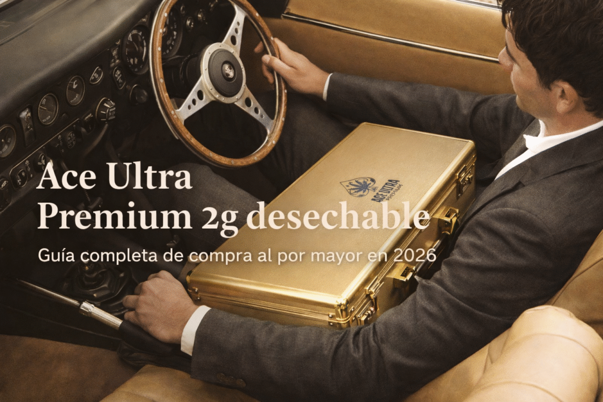 Ace Ultra Premium 2g desechable, guía completa de compra al por mayor en 2026, portada horizontal con maletín dorado en un coche clásico