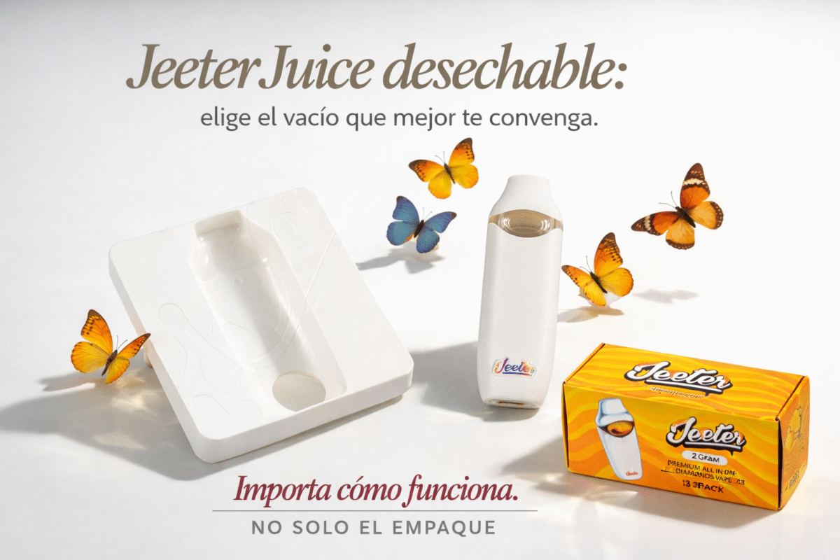 Jeeter Juice desechable 1g vs 2g: dispositivo blanco, bandeja y caja de empaque