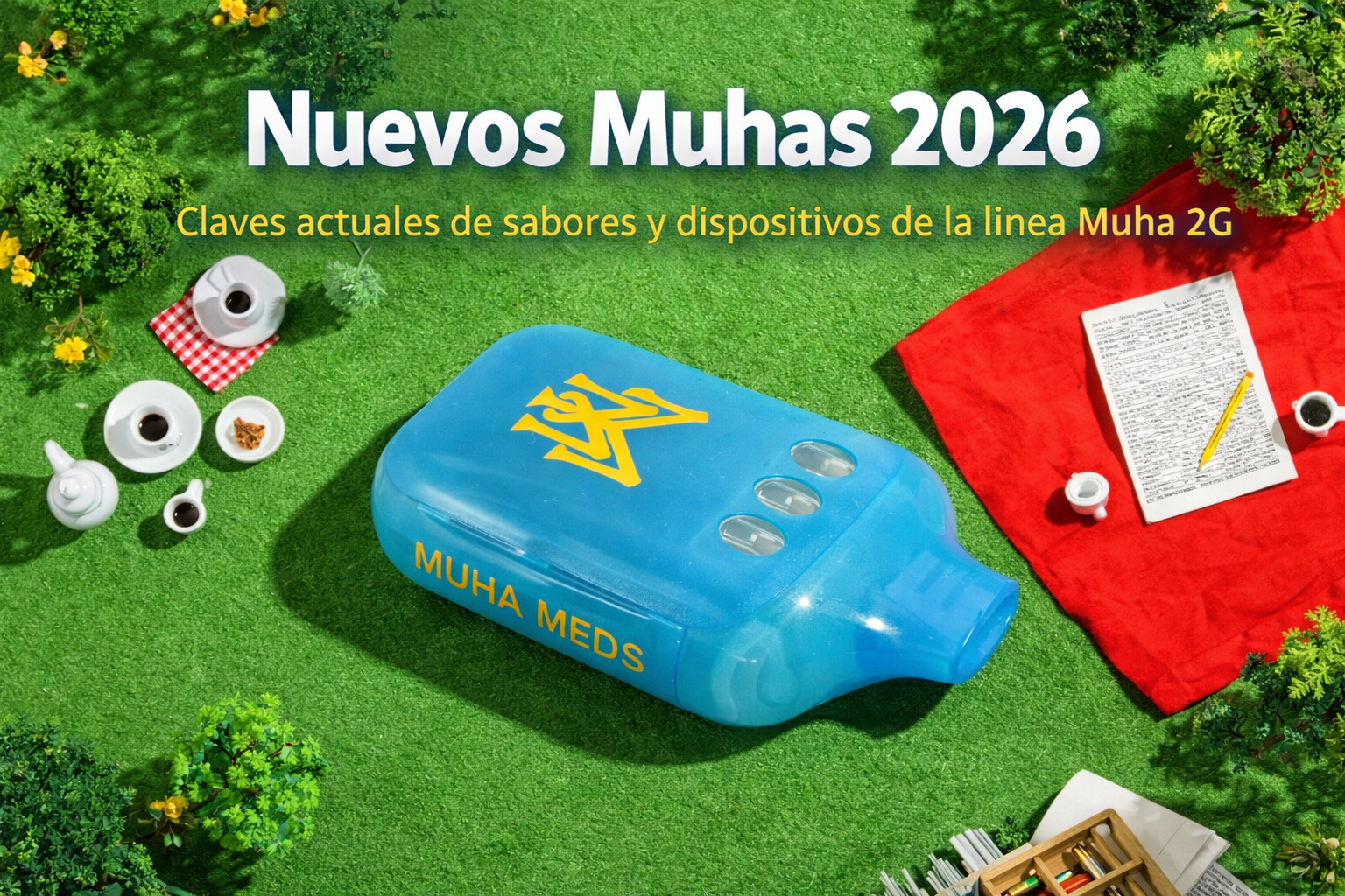 Dispositivo Muha Meds azul sobre césped con composición tipo picnic; portada de nuevos muhas 2026 para la línea Muha 2G.