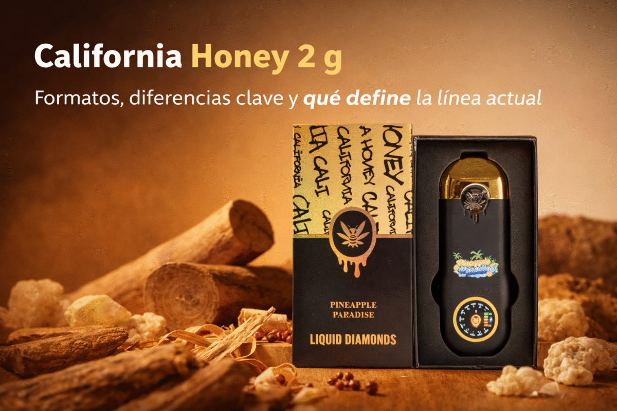 Portada de California Honey 2 G con dispositivo y caja Pineapple Paradise Liquid Diamonds sobre fondo cálido.