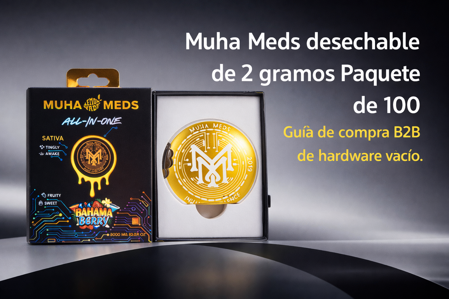 Muha Meds All-In-One de 2 gramos con empaque negro y dispositivo dorado para guía B2B de paquete de 100