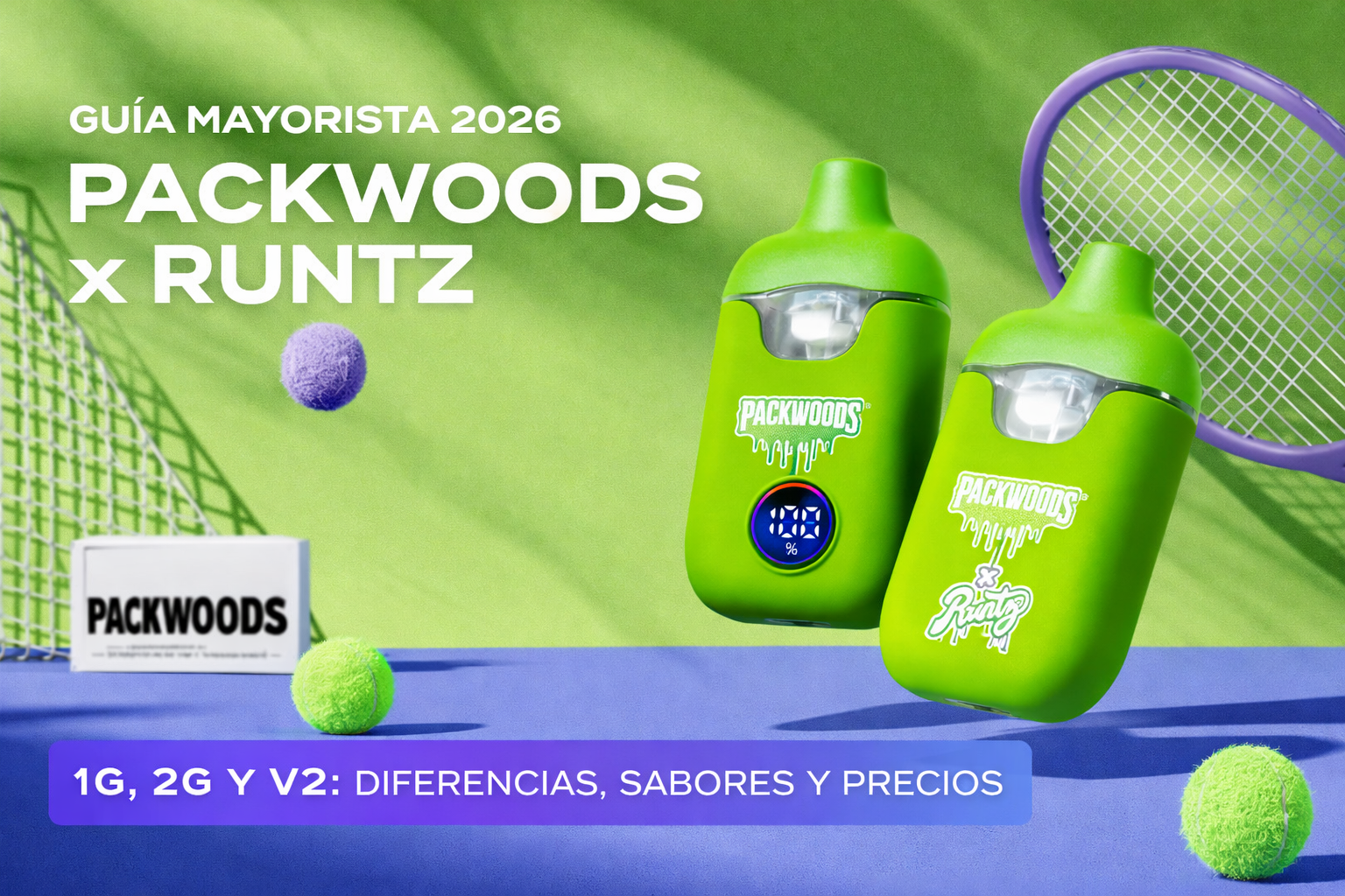 Portada horizontal de Packwoods x Runtz con dos dispositivos verdes y temática de tenis