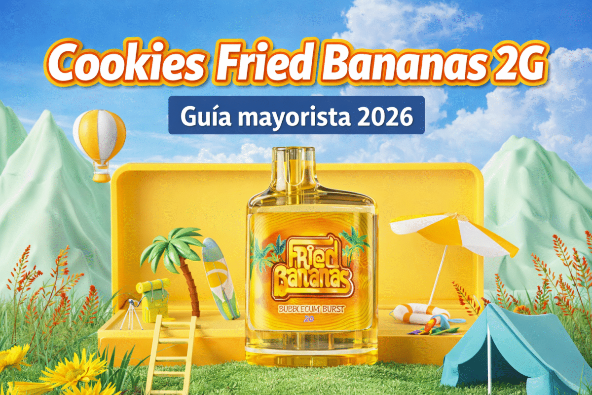 Portada horizontal de Cookies Fried Bananas 2G con diseño veraniego y producto en el centro
