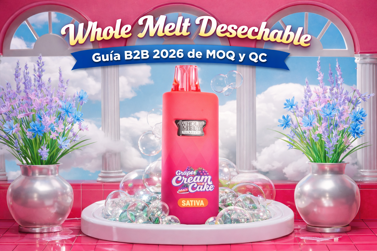 Portada horizontal de whole melt desechable para guía B2B, con dispositivo rosa sobre pedestal y fondo arquitectónico rosa.