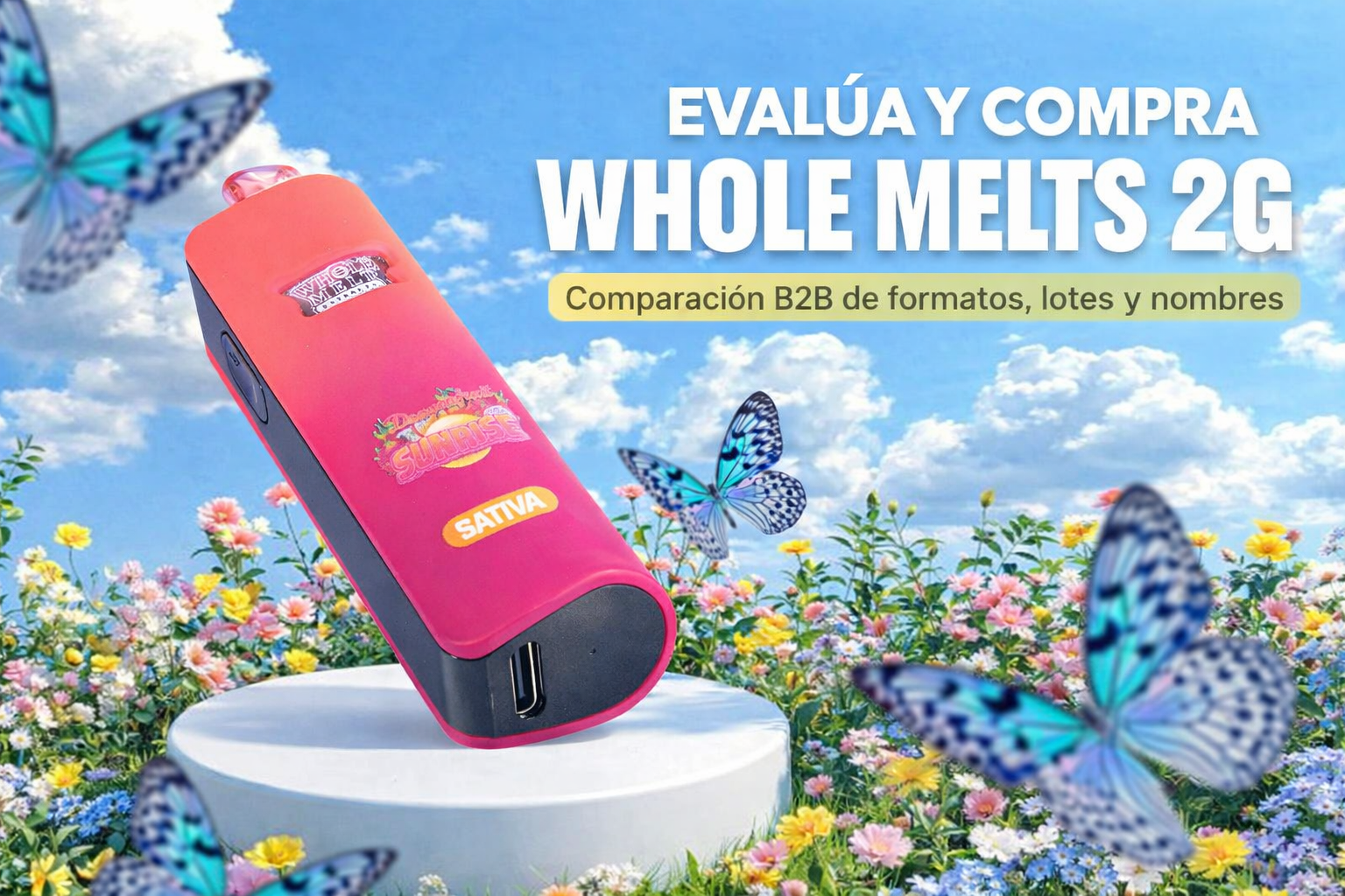 Portada horizontal de whole melts 2g para guía B2B, con dispositivo rosa sobre pedestal, cielo azul, flores y mariposas.