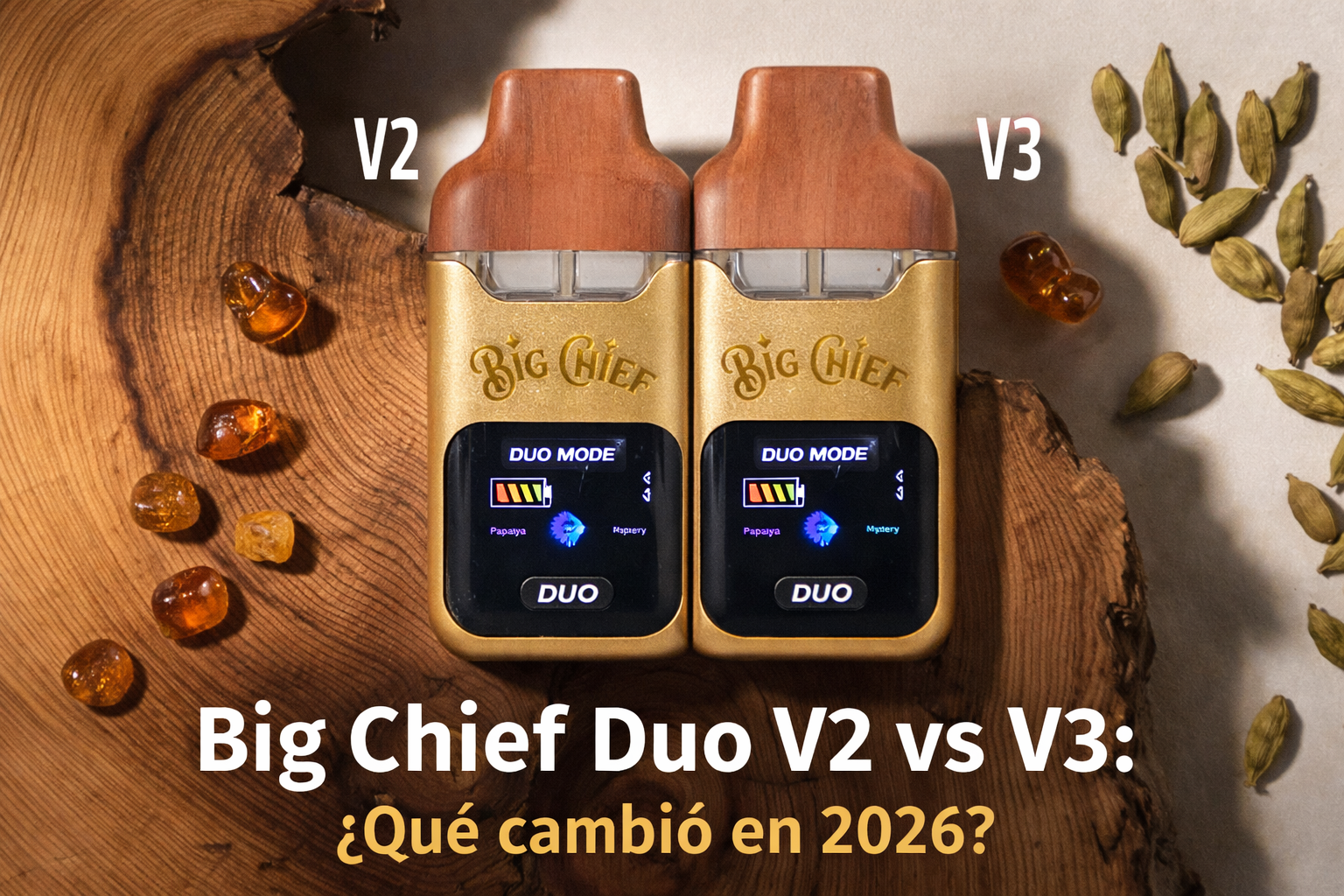 Portada de Big Chief Duo V2 vs V3 con dos dispositivos sobre madera y el texto “¿Qué cambió en 2026?”