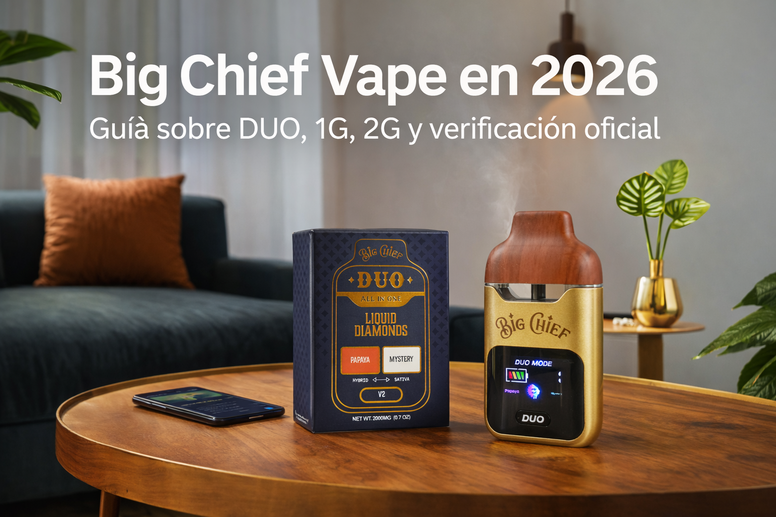 Portada de Big Chief Vape en 2026 con empaque DUO y dispositivo sobre una mesa en una sala de estar.