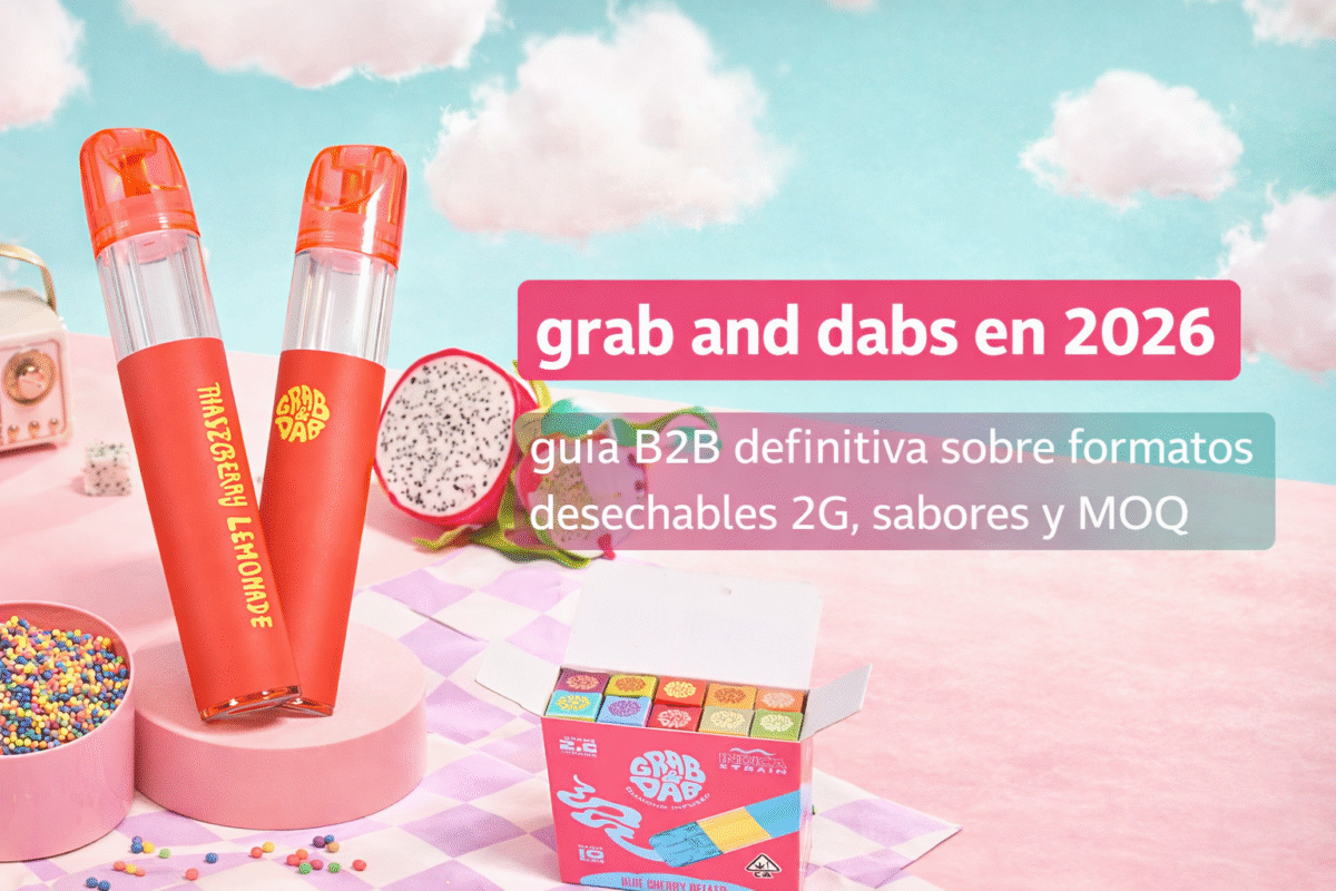 Portada de grab and dabs en 2026 con dos dispositivos desechables 2G y empaque colorido sobre fondo pastel.