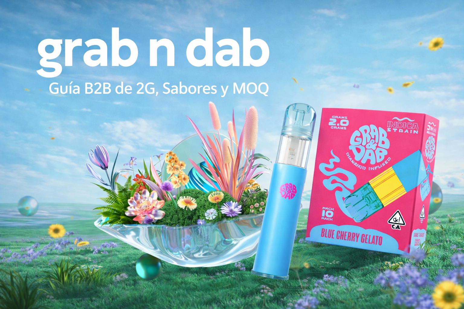 Portada de grab n dab en 2026 con dispositivo 2G y empaque Blue Cherry Gelato en un paisaje floral fantástico.