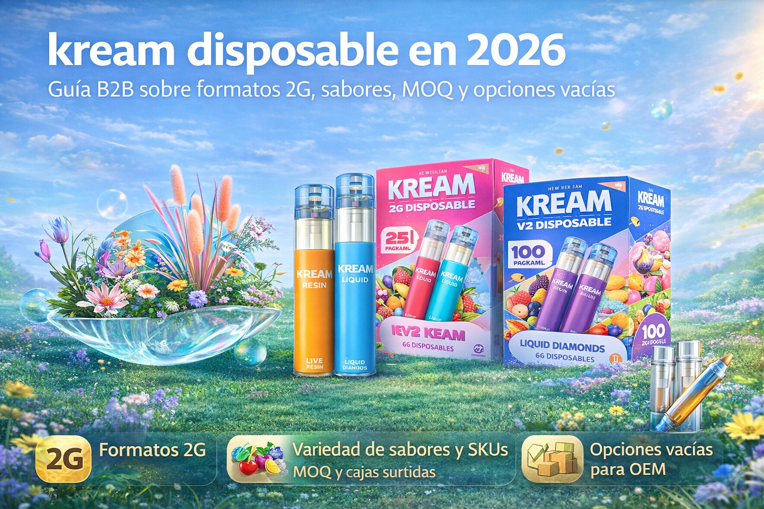 Portada de kream disposable en 2026 con dispositivos 2G, cajas surtidas y paisaje floral fantástico.