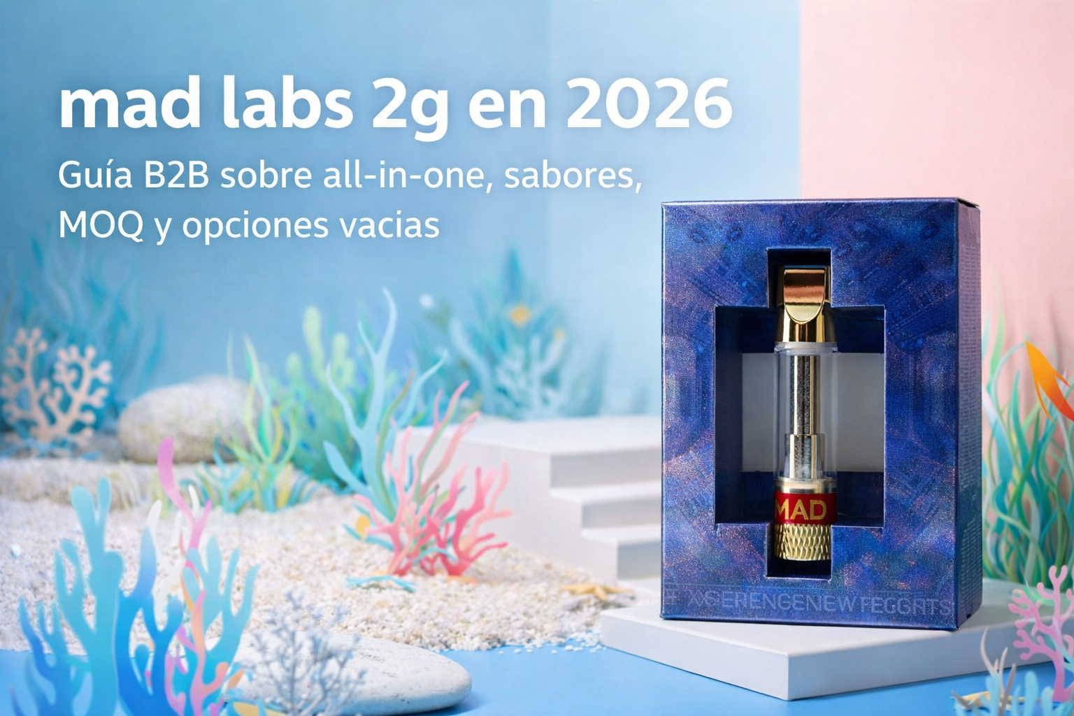 mad labs 2g en 2026. Guía B2B sobre all-in-one, sabores, MOQ y opciones vacías, con empaque azul de Mad Labs 2G.