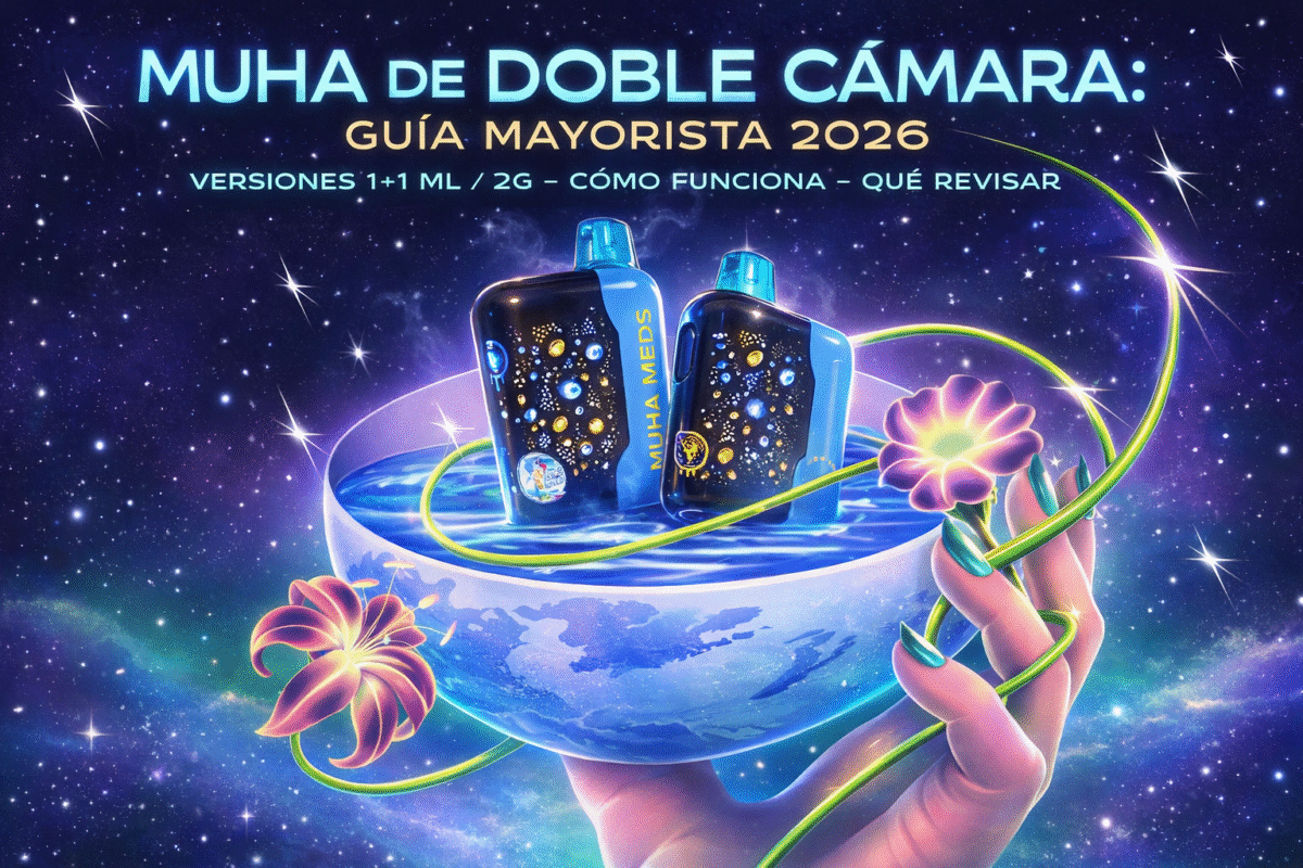 Ilustración de portada de Muha de doble cámara con dos dispositivos Muha Meds en una escena cósmica, guía mayorista 2026.