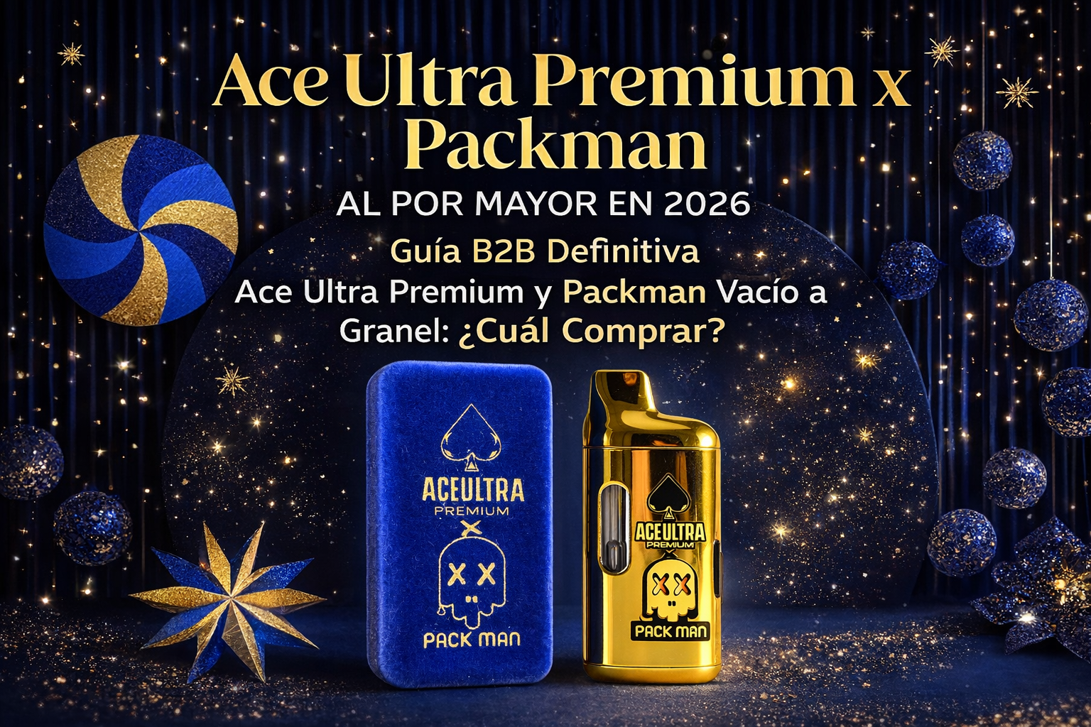 Portada de la guía B2B 2026 de Ace Ultra Premium x Packman al por mayor, con estuche azul y dispositivo dorado.