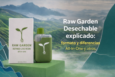Portada del artículo sobre Raw Garden desechable con dispositivo all-in-one y empaque de Raw Garden sobre fondo de montañas verdes.