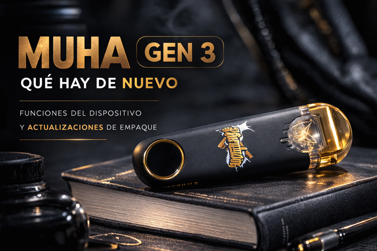 Dispositivo Muha Gen 3 sobre libro oscuro con diseño premium para artículo sobre funciones y actualizaciones de empaque