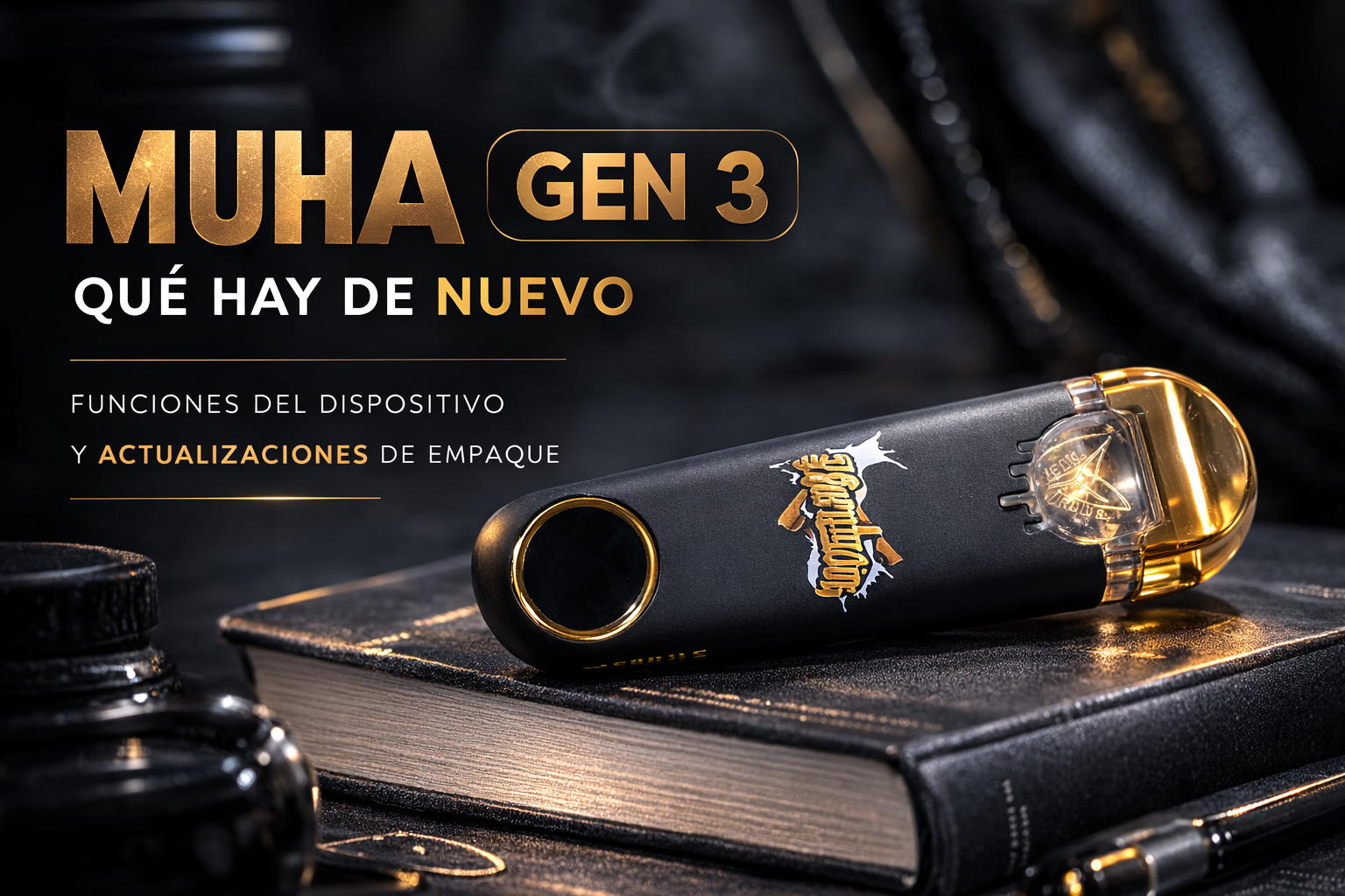 Dispositivo Muha Gen 3 sobre libro oscuro con diseño premium para artículo sobre funciones y actualizaciones de empaque
