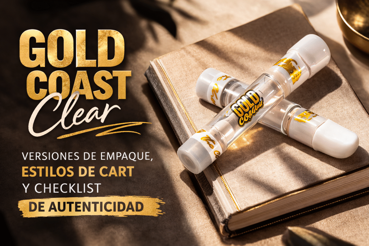 Portada de Gold Coast Clear con carts sobre libro premium para guía de empaque, estilos de cart y autenticidad