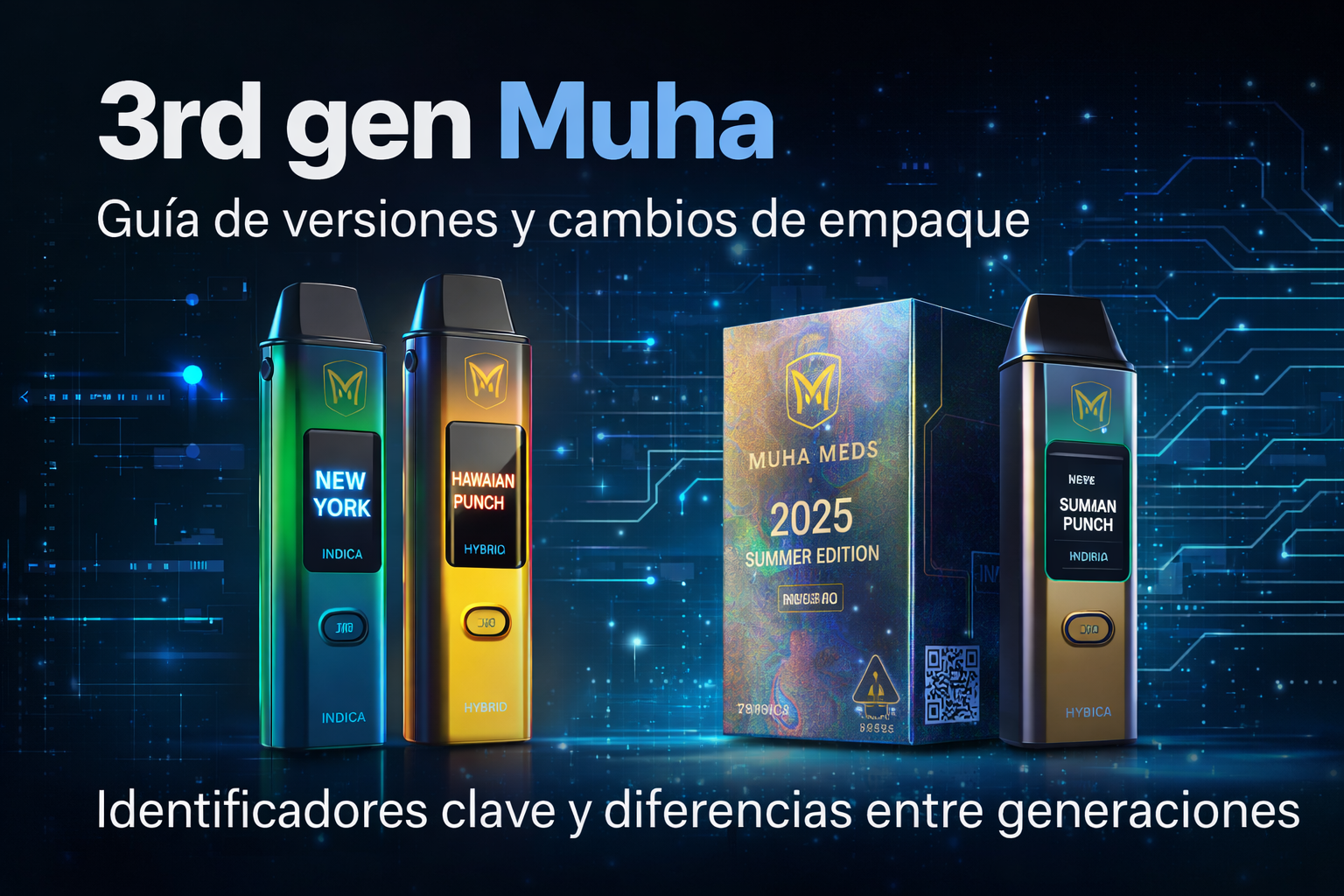 Portada de 3rd gen Muha con dispositivos y caja de empaque, guía de versiones e identificadores clave